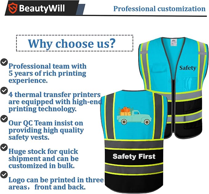 5 Pack Custom Safety Vest Customized Logo Mesh Vest Class 2 High Visibility Reflective Vest with Pockets Workwear（LightBlue Black，XXL ）