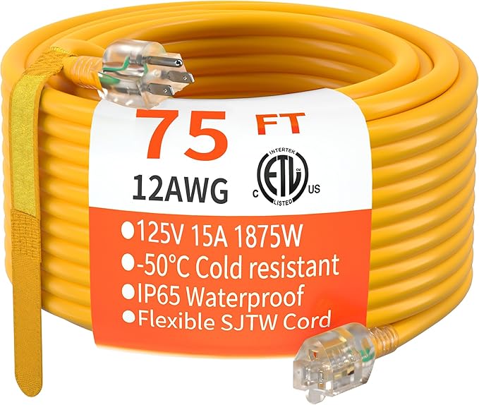 HUANCHAIN 75 ft 12/3 Gauge Heavy Duty Outdoor Extension Cord Waterproof with Lighted, Flexible Cold Weather 3 Prong Electric Cord Outside, 15A 1875W 125V 12AWG SJTW, Yellow, ETL Listed