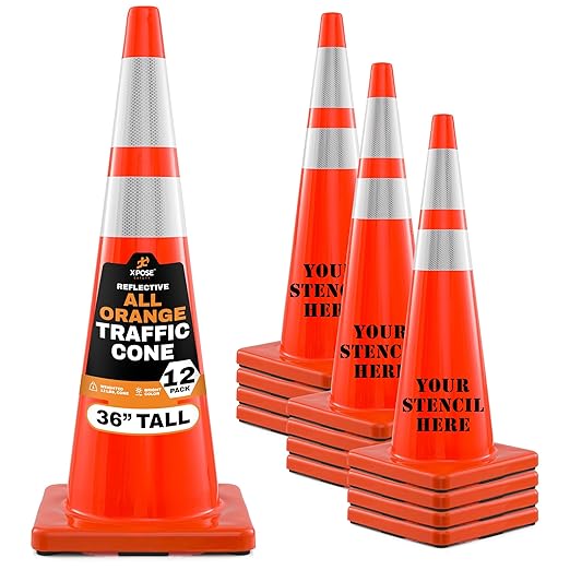 Xpose Safety 36 Inch Orange Traffic Cones Heavy Duty 12lb with 6" & 4" Collars, 12 Pack - Multipurpose PVC Plastic Safety Cone for Parking, Soccer, Caution, Kids and Construction - DOT Approved