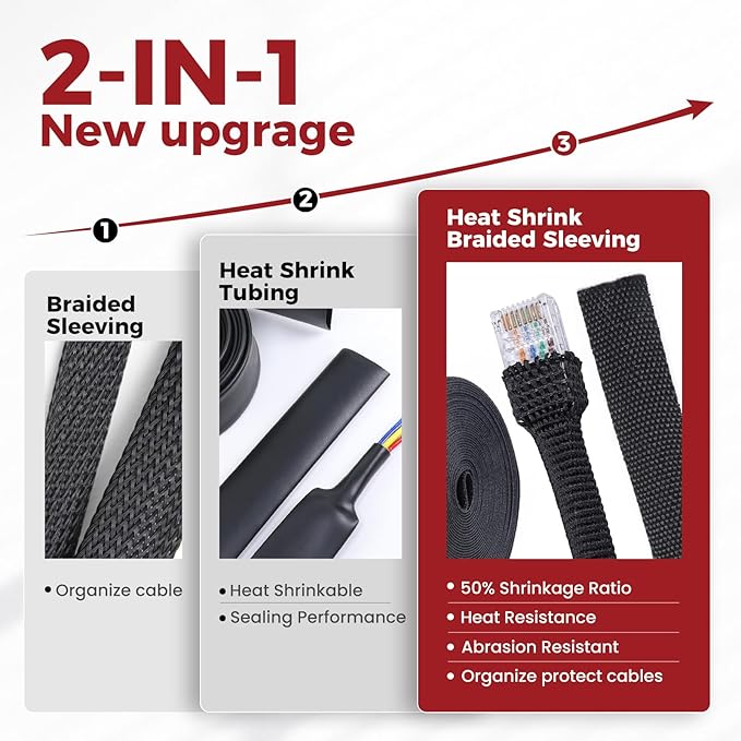 Heat Shrink Wire Loom 2:1 Shrinkable Braided Cable Sleeve 1/2 Inch ID-46ft Abrasion Protection Flexibility Fabric Wiring Harness Cover Sheath