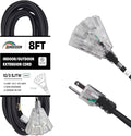 3-Outlets Indoor Outdoor Extension Cord Weatherproof with Lighted End, UL Listed, 10 Gauge 8FT Black 3 Prong Heavy Duty, 10/3 SJTW 15A Power Cord