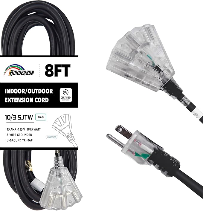3-Outlets Indoor Outdoor Extension Cord Weatherproof with Lighted End, UL Listed, 10 Gauge 8FT Black 3 Prong Heavy Duty, 10/3 SJTW 15A Power Cord