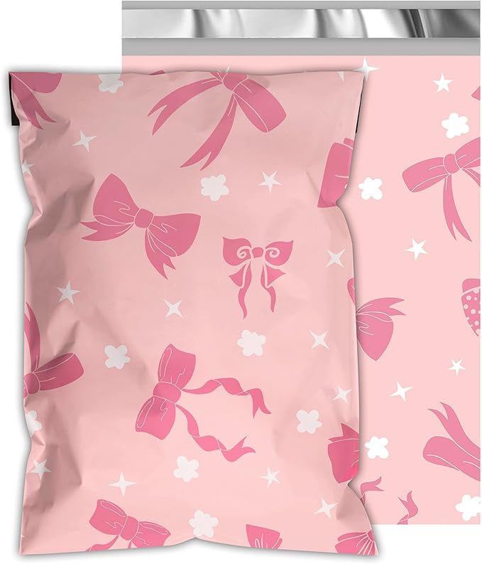 Poly Mailers 6x9 Inch 100 Pcs - Pink Bow printed Shipping Bags, 2.4mil Thickness, Waterproof and Tear Resistant Mailing Envelopes, Self-Sealing Packaging Bags for Small Business