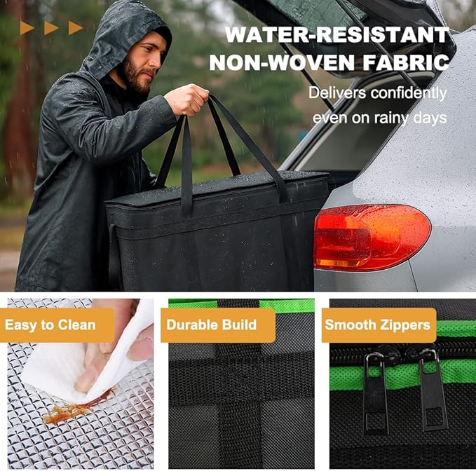 XXXL Insulated Food Delivery Bag - Reusable Thermal Cooler Grocery Bags for Catering&Delivery, Pizza Carrier for Events, Large Capacity Bag Keeps Food Hot/Cold, Commercial (Black with Green Trim, 1PK)