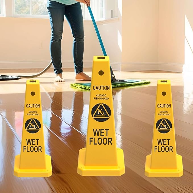 Caution Wet Floor Sign, 26.4-Inch Safety Cone, 4 Pack Yellow Plastic, High-Visibility, Non-Fading, Slip-Resistant Base, Stackable, Indoor Outdoor Warning Sign