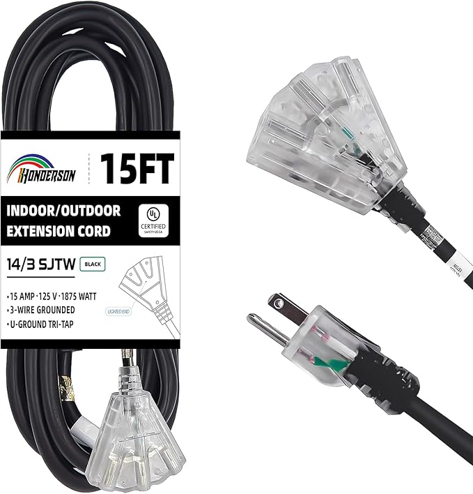 3-Outlets Indoor Outdoor Extension Cord Weatherproof with Lighted End, UL Listed, 14 Gauge 15FT Black 3 Prong Heavy Duty, 14/3 SJTW 15A Power Cord