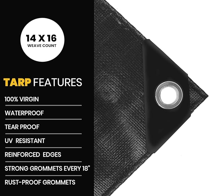 PROTARP Extra Heavy Duty 16 Mil Tarp Cover, Waterproof, UV Resistant, Rip and Tear Proof, Poly Tarpaulin with Reinforced Edges for Roof, Camping, Patio, Pool, Boat. (Black 18′ X 24′)