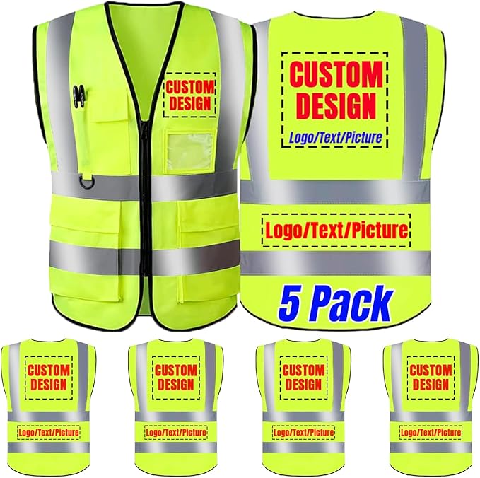 BeautyWill Safety Vest 5 Pack Customize Logo Class 2 High Visibility Reflective Vest with 5 Pockets Construction Security Work Vest ANSI/ISEA Standards（Yellow，M）