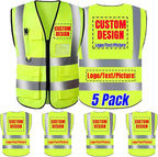 Safety Vest 5 Pack Customize Logo Class 2 High Visibility Reflective Vest with 5 Pockets Construction Security Work Vest ANSI/ISEA Standards（Yellow，S）
