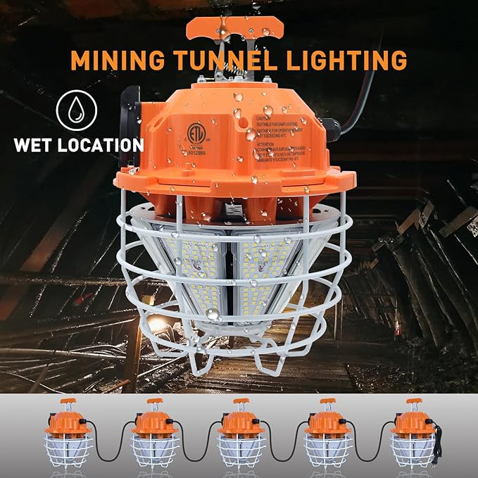 NS 150W LED Temporary Work Light, 24750LM Linkable Daylight White 5,000K Portable Hanging Lamp Jobsite Lighting Stainless Steel Protective Cover for Outdoor Construction High Bay Warehouse
