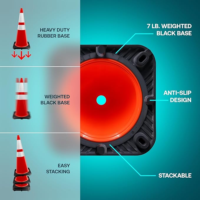 Brimar 28 Inch Traffic Cones, 12 Pack, Orange PVC Safety Cones with Black Base for Construction, Road Parking, MUTCD Approved Traffic Cones with 3M Reflective Bands, Structurally Stable Wearproof