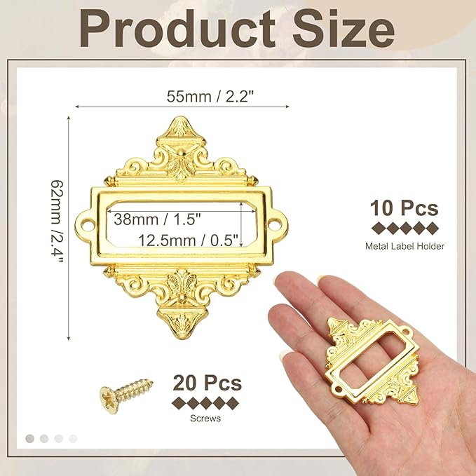 uxcell 10 Pcs Metal Label Holder, 2.2 x 2.4 Inch Small Vintage Card Frame Tag Floral Lace Label Holder with Screws for File Boxes Drawers Door Cabinet Book Shelves, Gold Tone