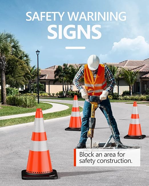 (4 Pack) BATTIFE Traffic Cones 28 Inch with Black Weighted Base, PVC Orange Cone for Traffic Control, Construction Events, Driveway Road Parking Lot
