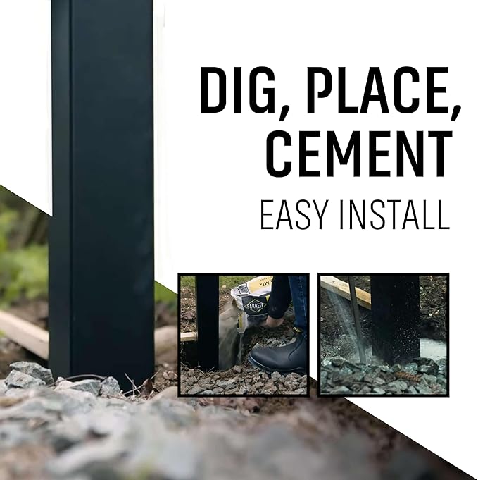 Black Panel & Post Aluminum Privacy Fence Kit – (2) 4"x4"x9' Matte Black Dig & Set Posts with Caps, (1) 72" W x 46" H Fence Panel, (100) Screws
