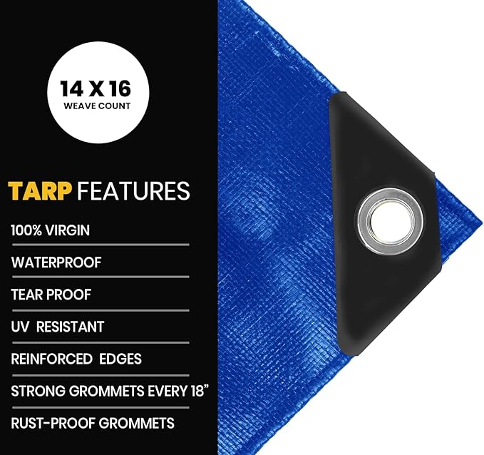 PROTARP Extra Heavy Duty 16 Mil Tarp Cover, Waterproof, UV Resistant, Rip and Tear Proof, Poly Tarpaulin with Reinforced Edges for Roof, Camping, Patio, Pool, Boat. (Blue 25′ X 40′)