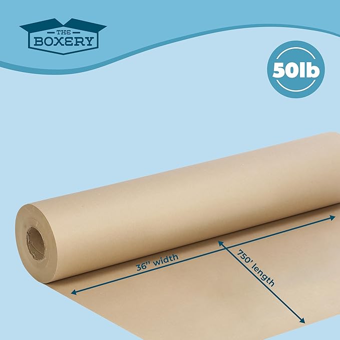 The Boxery Kraft/Brown Kraft Paper Roll, 36” x 9000” (750’)-50lb. Thickness, Heavy Duty Brown Wrapping Paper, Natural Kraft Packing Paper, Void Fill, Arts and Crafts, Bulletin Boards, Gift Wrapping