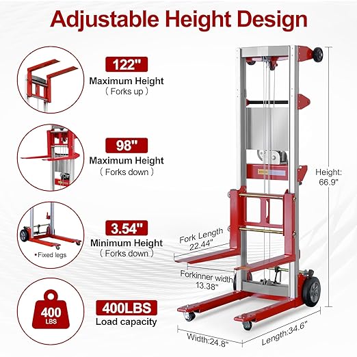 122" Material Lift Winch Stacker, 400 lbs Capacity Manual Material Lifts, Fixed Straddle Material Lifter, Hand Winch Lift Trucks for Warehouse, Factory, Lightweight, 34.60" L x 24.80" W, Red