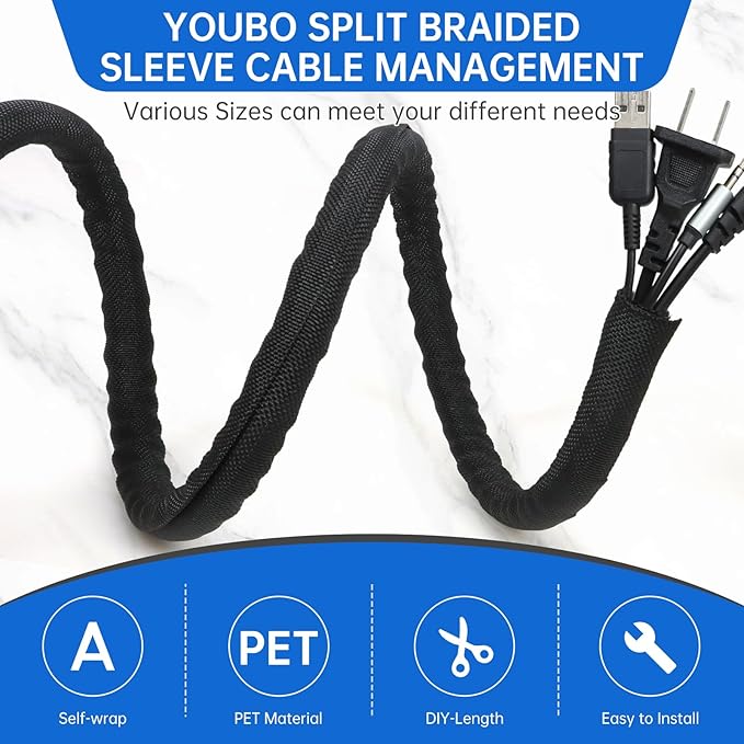 Split Braided Cable Sleeve，Flexible Wire Loom Tubing, Automotive Cord Protector Pet Proof, Cable Management for Computer TV Electric Wires Harness 16ft (Black, 30mm（1-3/16")