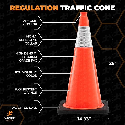 Xpose Safety 28 Inch Orange Traffic Cones with 6" Collar - 48 Pack Multipurpose PVC Plastic Safety Cone for Parking, Soccer, Caution, Kids and Construction - DOT Approved