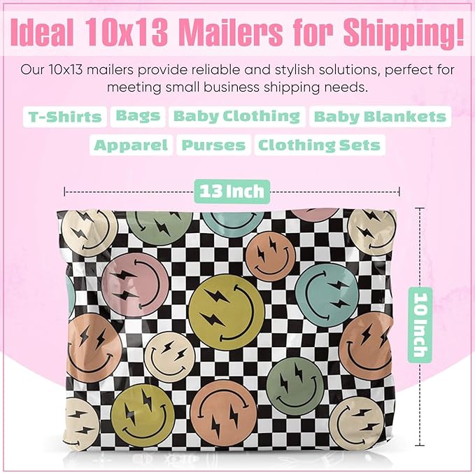 10x13 Poly Mailers – Smiles Checkerboard – Waterproof, Tear-Resistant Shipping Bags with Adhesive Seal – 50 Pack – Package Mint