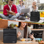 opux Insulated 2 Deck Lunch Bag for Men Women, Large Dual Compartment Cooler Bag for Work School Picnic, Leakproof with Strap for Kid Adult (Black)