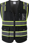 9 Pockes Black Reflecive Safety Vest for Men with Double Stitching Knots around All Pockets and Zipper High Visibility Mesh Construction Work Vest,Meets ANSI/ISEA Standards(EK176-Black-M)