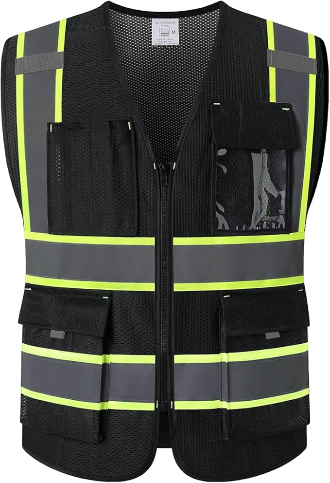9 Pockes Black Reflecive Safety Vest for Men with Double Stitching Knots around All Pockets and Zipper High Visibility Mesh Construction Work Vest,Meets ANSI/ISEA Standards(EK176-Black-3XL)