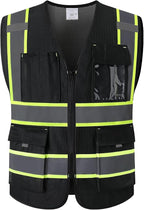 9 Pockes Black Reflecive Safety Vest for Men with Double Stitching Knots around All Pockets and Zipper High Visibility Mesh Construction Work Vest,Meets ANSI/ISEA Standards(EK176-Black-3XL)