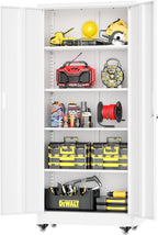 Greenvelly Metal Garage Storage Cabinet with Wheels, 73" White Steel Rolling Cabinet with 2 Door Lock and Adjustable Shelves,Locking Storage Cabinet for Garage Home Office Utility Room