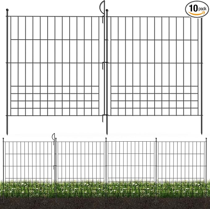 No Dig Fence Outdoor Dog Fences 10 Panels,32in (H) x 24.6 ft (L) Decorative Metal Garden Fence with Gate,Garden Fence Animal Barrier,Garden Fencing for Yard Rustproof