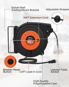 Retractable Extension Cord Reel, 50 FT Heavy Duty Power Cord, 14AWG/3C SJTOW, 3 Grounded Outlets Lighted Triple Tap, 13 Amp Circuit Breaker, UL Listed, Orange B50CR06