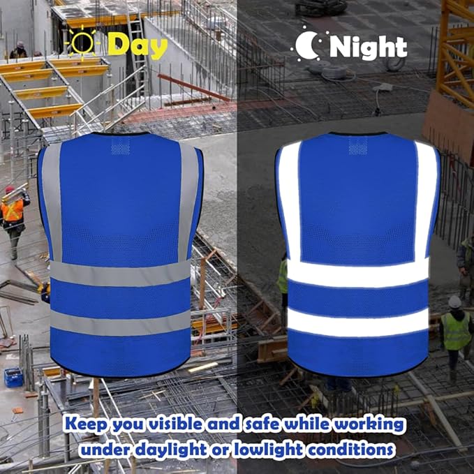 BeautyWill Mesh Safety Vest 1 pcs Customize Logo Class 2 High Visibility Reflective Vest with Pockets Construction Security Work Vest Blue