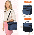 opux Insulated Lunch Bag for Men Women, Large Dual Compartment Cooler Bag, Soft Two Deck Lunch Box for Work School Picnic, Leakproof Lunch Tote with Shoulder Strap for Kid Adult (Navy, Double Deck)