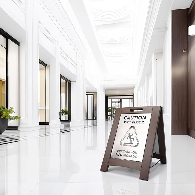 Premium Outdoor Composite Caution Wet Floor Sign – Bilingual w/Non-Skid Plastic Feet, Black Plate – For Hotels, Schools, Offices, Areas, Restrooms, Pool Decks & Shops, Brown