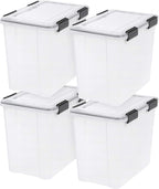 IRIS USA WeatherPro 32 Qt Storage Bins with Lids, 4 Pack, BPA-Free Plastic Gasket Box with Tight Latch and Seal, Stackable Nestable Tote Tub - Clear/Black