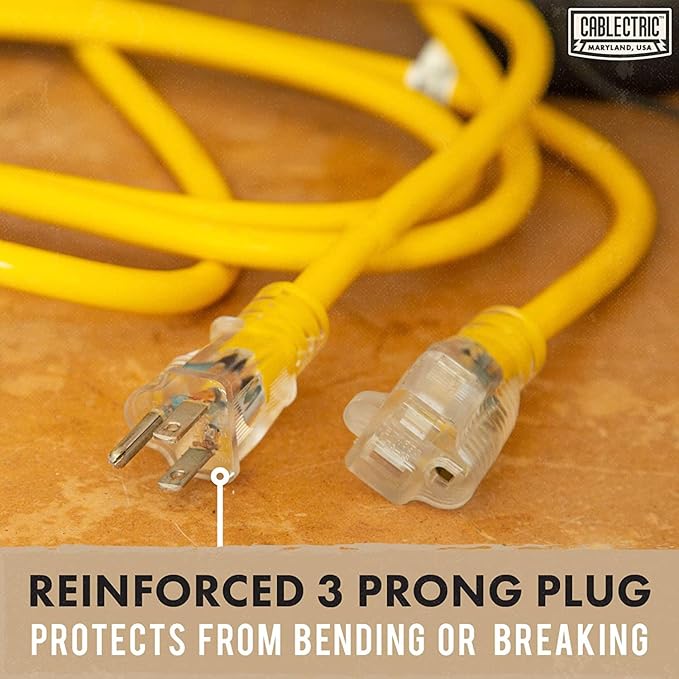 12 Gauge Outdoor Extension Cord 6 ft, 12/3 Heavy Duty Extension Cord 3 Prong Lighted End 6 Foot, SJTW Weatherproof Industrial Electrical Cable for Major Appliances, Proudly American Brand