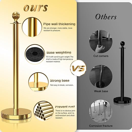 4PCS Gold Stanchions Posts with 3PCS 5 ft Red Velvet Rope, Red Velvet Rope Stanchion Set Crowd Control Barriers, Stanchions and Velvet Ropes Red Carpet Poles for Party Supplies