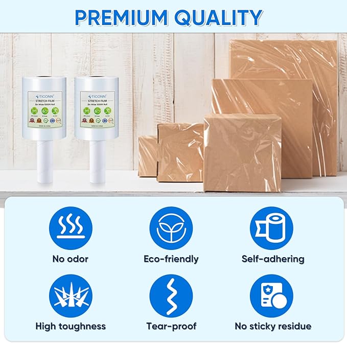 TICONN Stretch Wrap Stretch Film Roll, 1000ft Industrial Strength 5 inch Wide Clear Plastic Wrap with Handles for Pallet Wrapping Shipping Moving