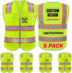 BeautyWill 5Pack Custom Logo Safety Vest 8 Pockets Class2 ANSI Certified High Visibility Reflective Vest for Men - Personalized Logo Heavy-Duty Work Vest（Yellow，S）