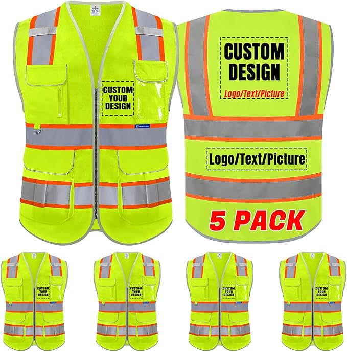 BeautyWill 5Pack Custom Logo Safety Vest 8 Pockets Class2 ANSI Certified High Visibility Reflective Vest for Men - Personalized Logo Heavy-Duty Work Vest（Yellow，S）