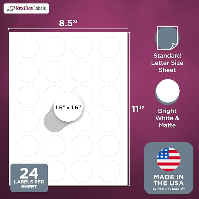 NextDayLabels 1.66 Inch Round Sticker Labels - Matte White Laser/Inkjet Printable Circle Stickers (12000 Sheets, 24 Per Sheet)