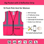 Pink Safety Vests 20 Pack - Reflective High Visibility Construction ANSI Class 2 Work Vests for Men,Woman with Zipper,Hi Vis Mesh and Neon Silver