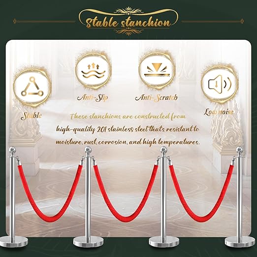 4Pcs Sliver Stanchion Post Queue Velvet Ropes and Posts with Soild Base and 3pcs 5 Ft Red Velvet Ropes Carpet Ropes Posts Stanchion Set Crowd Control Barriers for Party Supplies