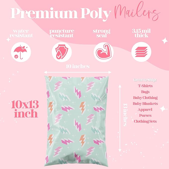 6x9 Designer Poly Mailer 100 Pack Heavy Duty Waterproof Self Seal Shipping Bags for Small Business Large Mailing Envelopes Bulk Tear Resistant Cute Packaging Lightning Bolt