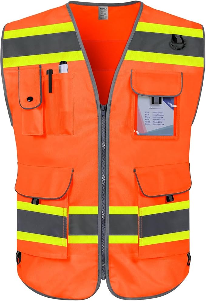 TCCFCCT Work Vest for Men Women 9 Pockets High Visibility Safety Vest with Fluorescent Yellow Extend Edge, Hi Vis Reflective Vest for Workers, Surveyors, Meets ANSI/ISEA, (DB-Orange, 4X-Large)