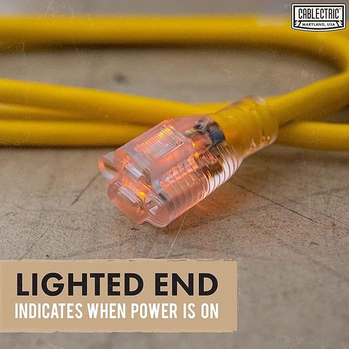 12 Gauge Outdoor Extension Cord 6 ft, 12/3 Heavy Duty Extension Cord 3 Prong Lighted End 6 Foot, SJTW Weatherproof Industrial Electrical Cable for Major Appliances, Proudly American Brand