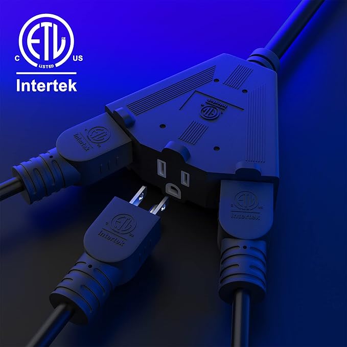 14/3 Gauge Heavy Duty Outdoor Extension Cord 10 FT, 90 Degree Angled 3 Prong Plug, 14 Gauge Power Cable with 3 Outlets, 14AWG, 15A, 125V, 1875W, ETL Listed, Black Wire, with Free Carrying Strap+Ties
