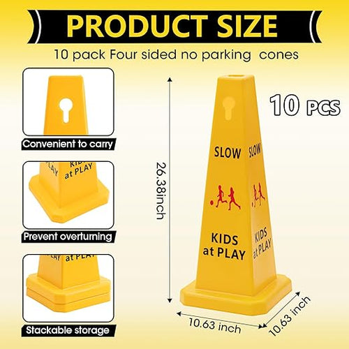 10 Pack Slow Down Kids at Play Cones 26.38 Inch Slow Kid at Play Safety Signs for Street Four Side Visibility Floor Standing Yellow Traffic Cone for Lawn, School, Yard, Gymnasium, Playground
