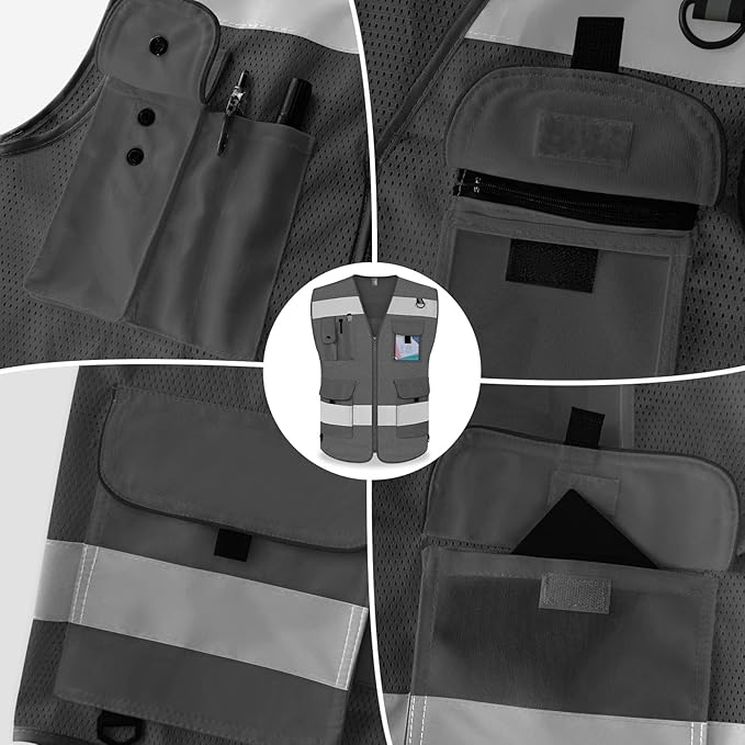 TCCFCCT Mesh Hi Vis Vest 9 Pockets High Visibility Reflective Safety Vest for Men Women, Safety Construction Vest with Reflective Strips, Meets ANSI/ISEA Standards, (Grey, Medium)