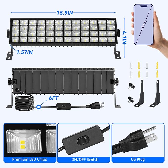 6 Pack LED Shop Lights, 100W 11000LM Plug in Garage Light with 6FT Power Cord, IP66 Waterproof Work Bench Shop Lights for Garage, Workshop, Warehouse, Outdoor, Yard, Garden